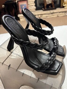 MERCEDES CASTILLO Black Braided Leather Stiletto Sandals